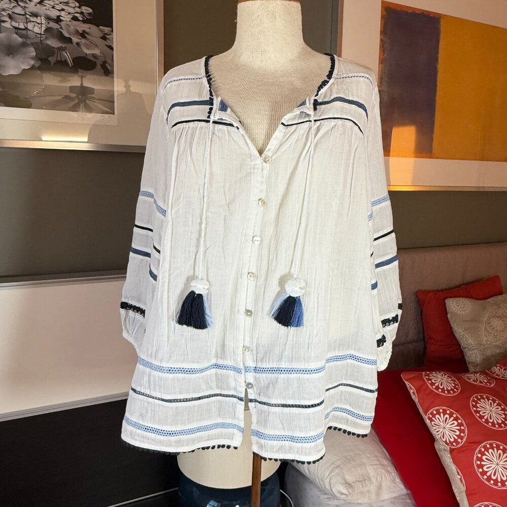 J. Jill White Blue Trim Peasant Top Bohemian Spring Summer 100% Cotton MEDIUM
